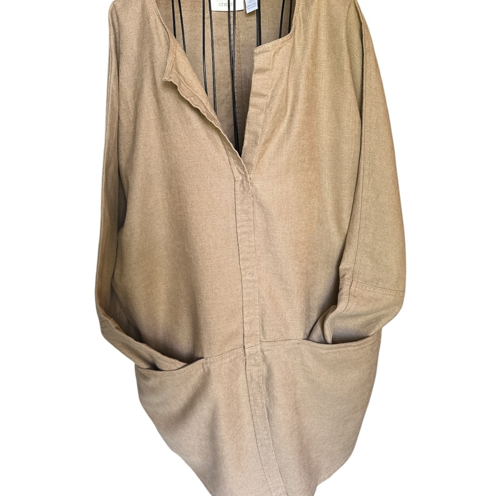 Chico's Tan Oversized Tunic with Mandarin Collar and 3/4 Sleeves